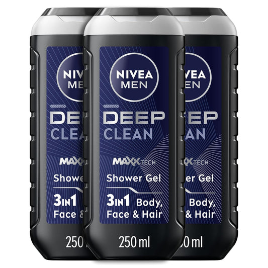 NIVEA MEN DEEP Shower Gel 3in1, Body Wash with Micro-Fine Clay & Woody Scent, For Body, Face & Hair, 3x250ml