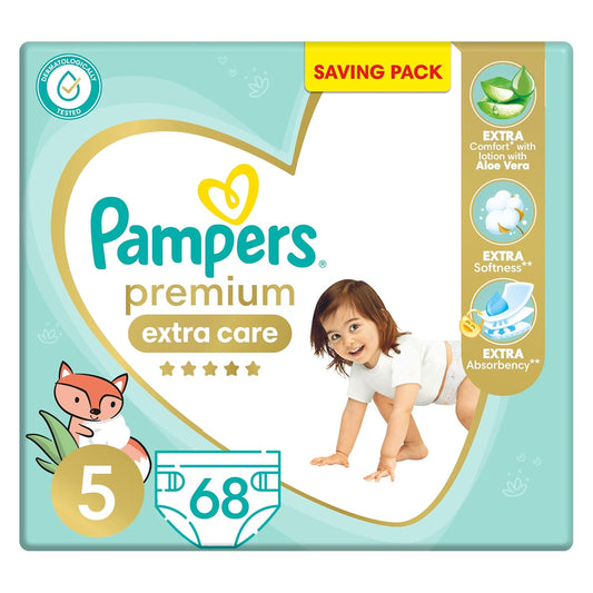 Pampers Premium EXTRA CARE Taped Diapers, Size 5, 11-25 kg, with Lotion with Aloe Vera, Saving Pack, 68 Baby Diapers