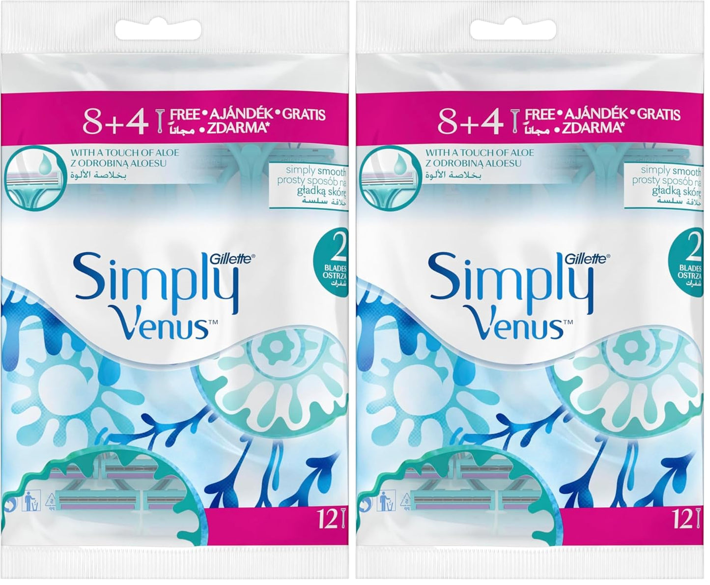 Gillette Simply Venus Disposable Razor for Women, 2 Blades - 12 Pieces (Pack of 2)