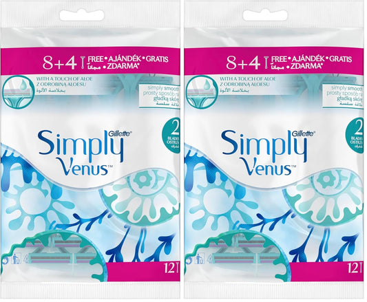 Gillette Simply Venus Disposable Razor for Women, 2 Blades - 12 Pieces (Pack of 2)