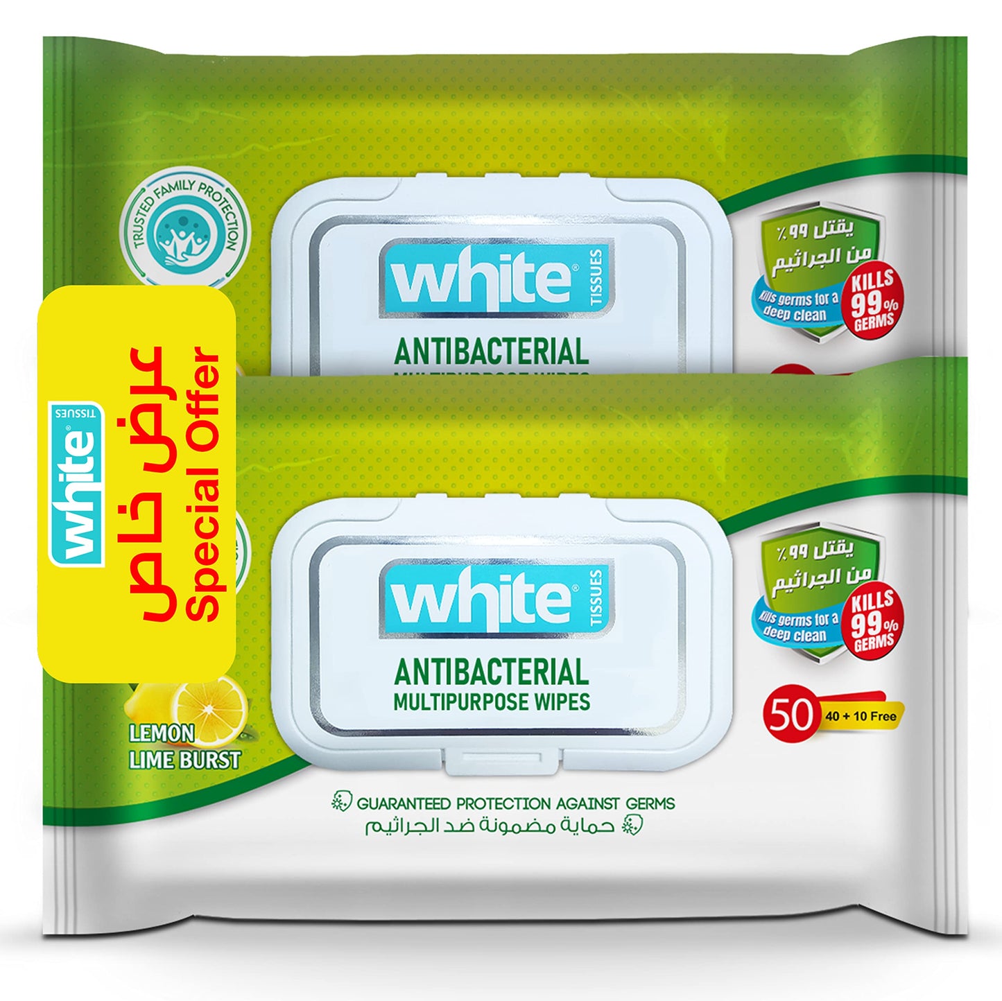 White Antibacterial Lemon Lime Burst Wet Wipes - 50 Sheets, Pack of 2 | Kills 99.9% of Germs & Bacteria