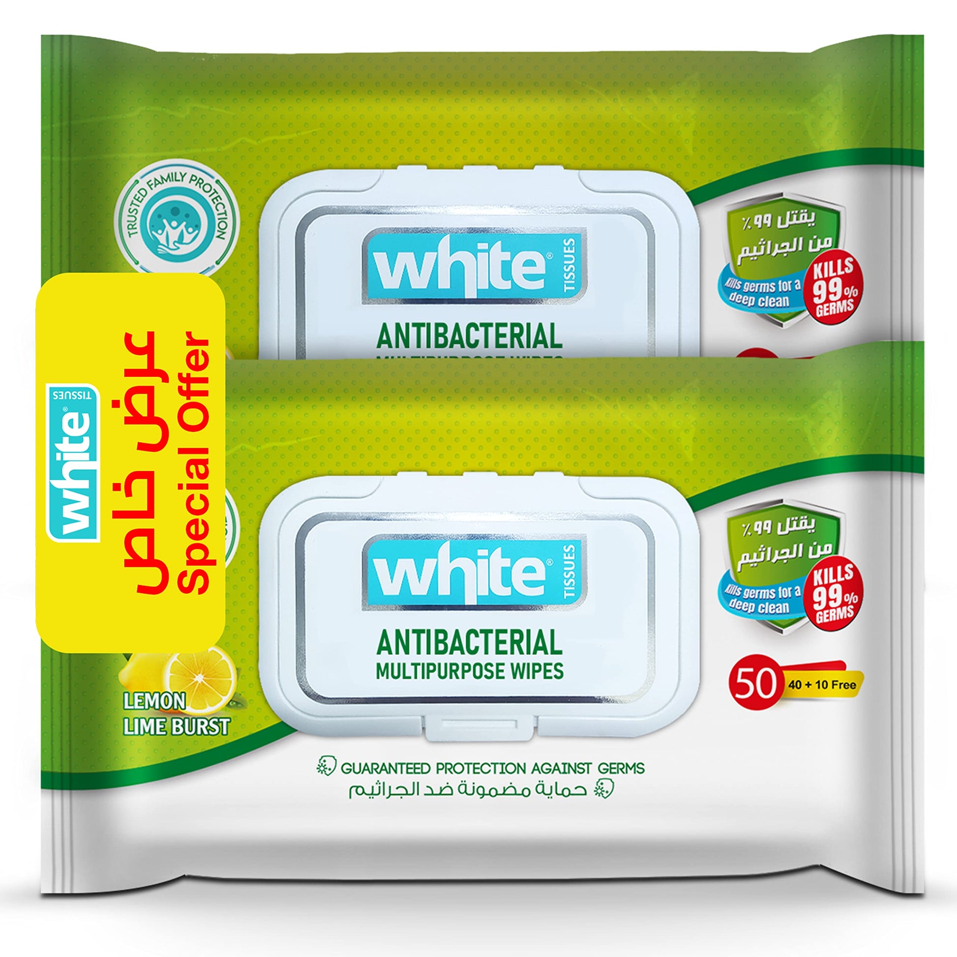 White Antibacterial Lemon Lime Burst Wet Wipes - 50 Sheets, Pack of 2 | Kills 99.9% of Germs & Bacteria
