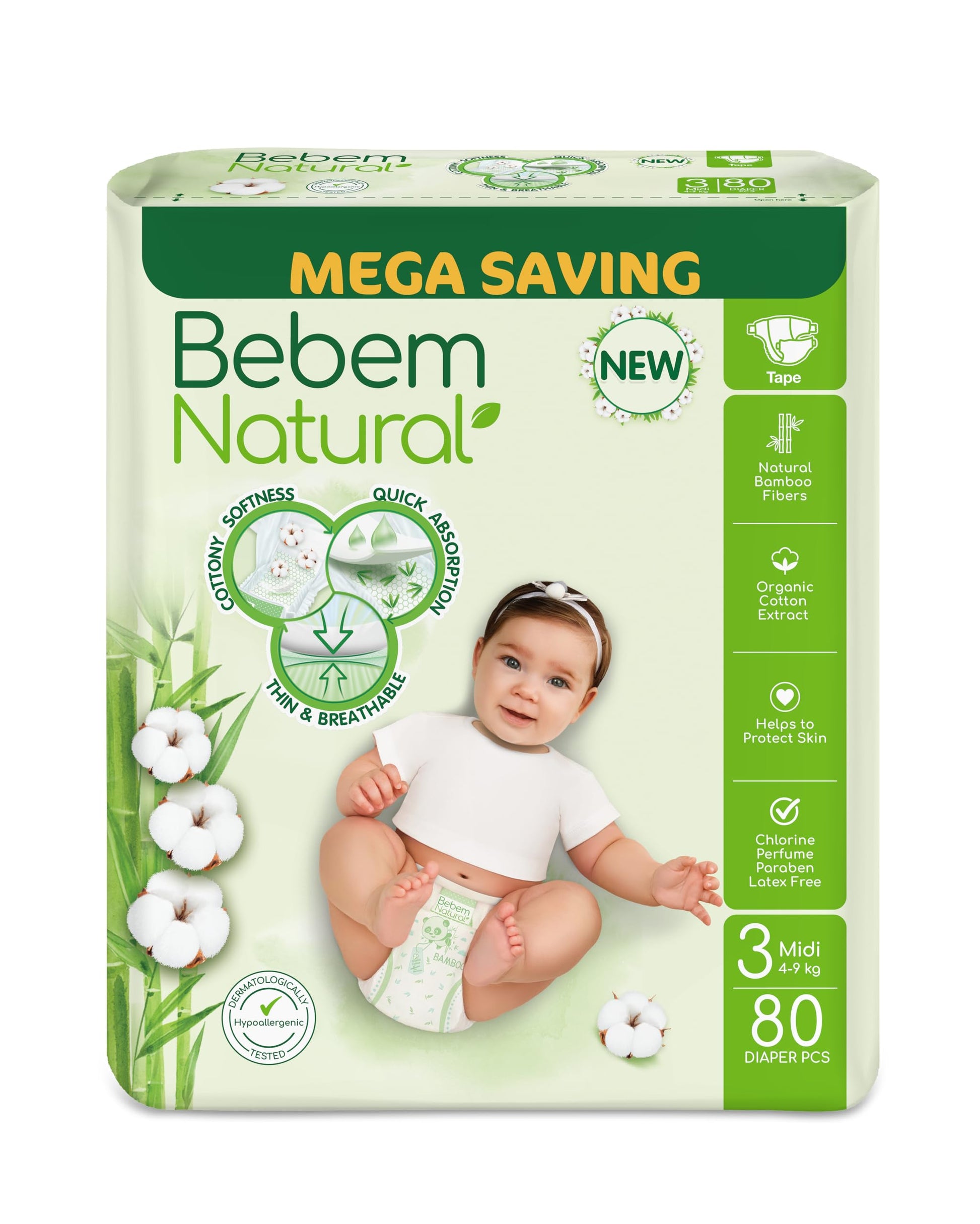 Bebem Natural Baby Diapers Open Diapers Size 5,12-15 KG, Jumbo Pack, 58 Units, Organic Cotton & Bamboo Fibers