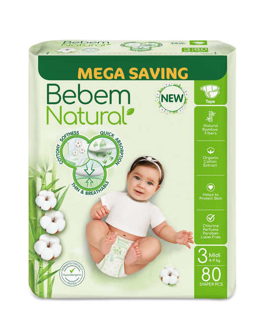 Bebem Natural Baby Diapers Open Diapers Size 5,12-15 KG, Jumbo Pack, 58 Units, Organic Cotton & Bamboo Fibers