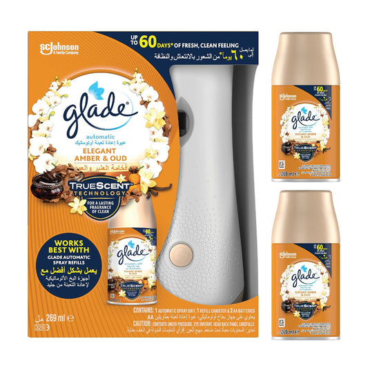 Glade 1 Automatic Spray Holder and Elegant Amber & Oud Refill Starter Kit, 269ml Refill + 2 Automatic Refill Air Freshener with Elegant Amber and Oud Scent - 269 ml @10% Discount
