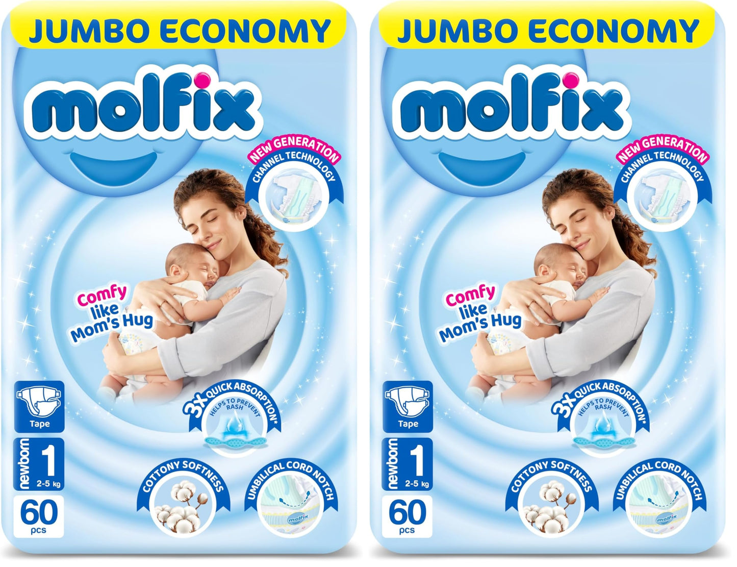 Molfix Baby Diapers - Jumbo Pack - New Born Size 1-60 Pieces (Pack of 2)