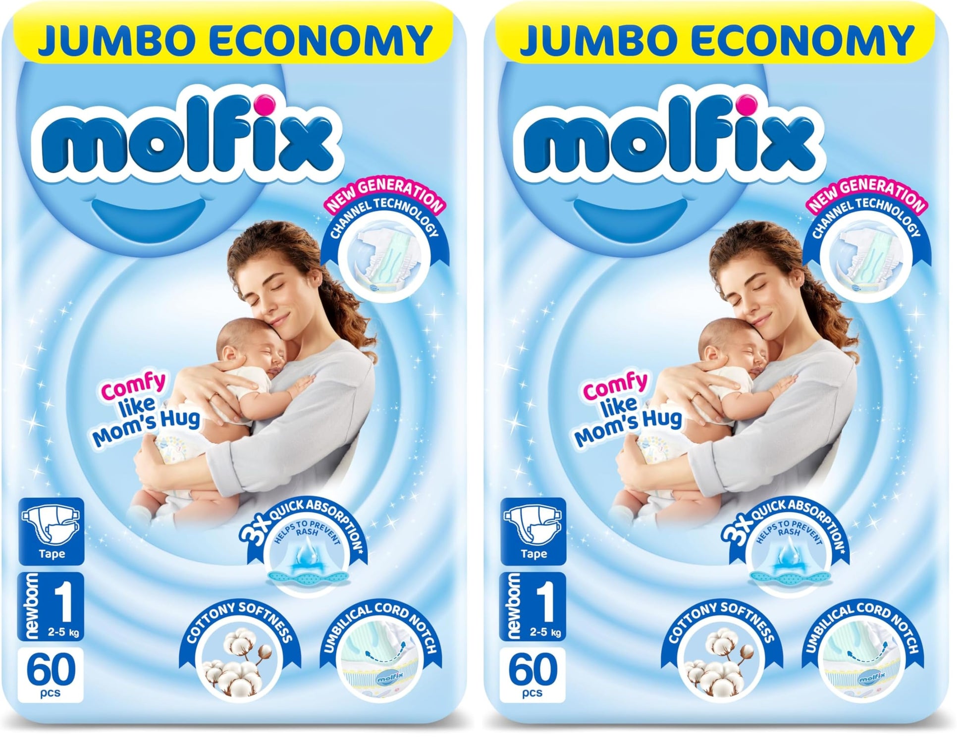 Molfix Baby Diapers - Jumbo Pack - New Born Size 1-60 Pieces (Pack of 2)
