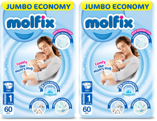 Molfix Baby Diapers - Jumbo Pack - New Born Size 1-60 Pieces (Pack of 2)