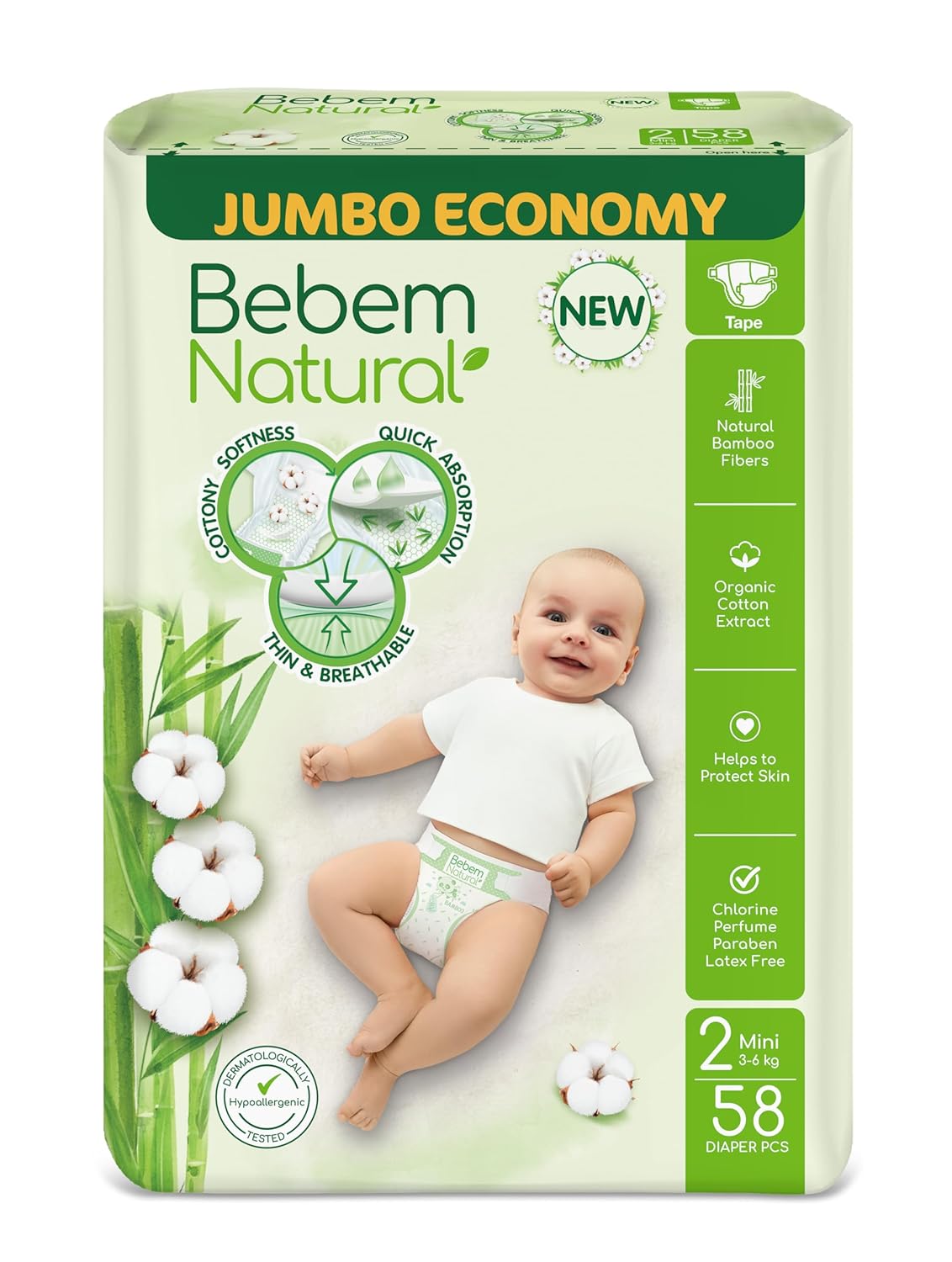 Bebem Natural - Baby Diapers - Jumbo Pack - Mini Size 2 - 58 Pieces