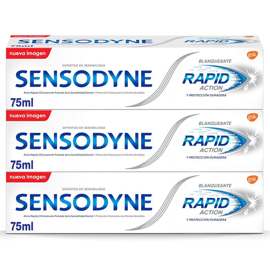 Sensodyne Rapid Action Whitening Toothpaste for Sensitive Teeth, Fast Relief and Lasting Protection of Tooth Sensitivity, Pack 3 x 75 ml