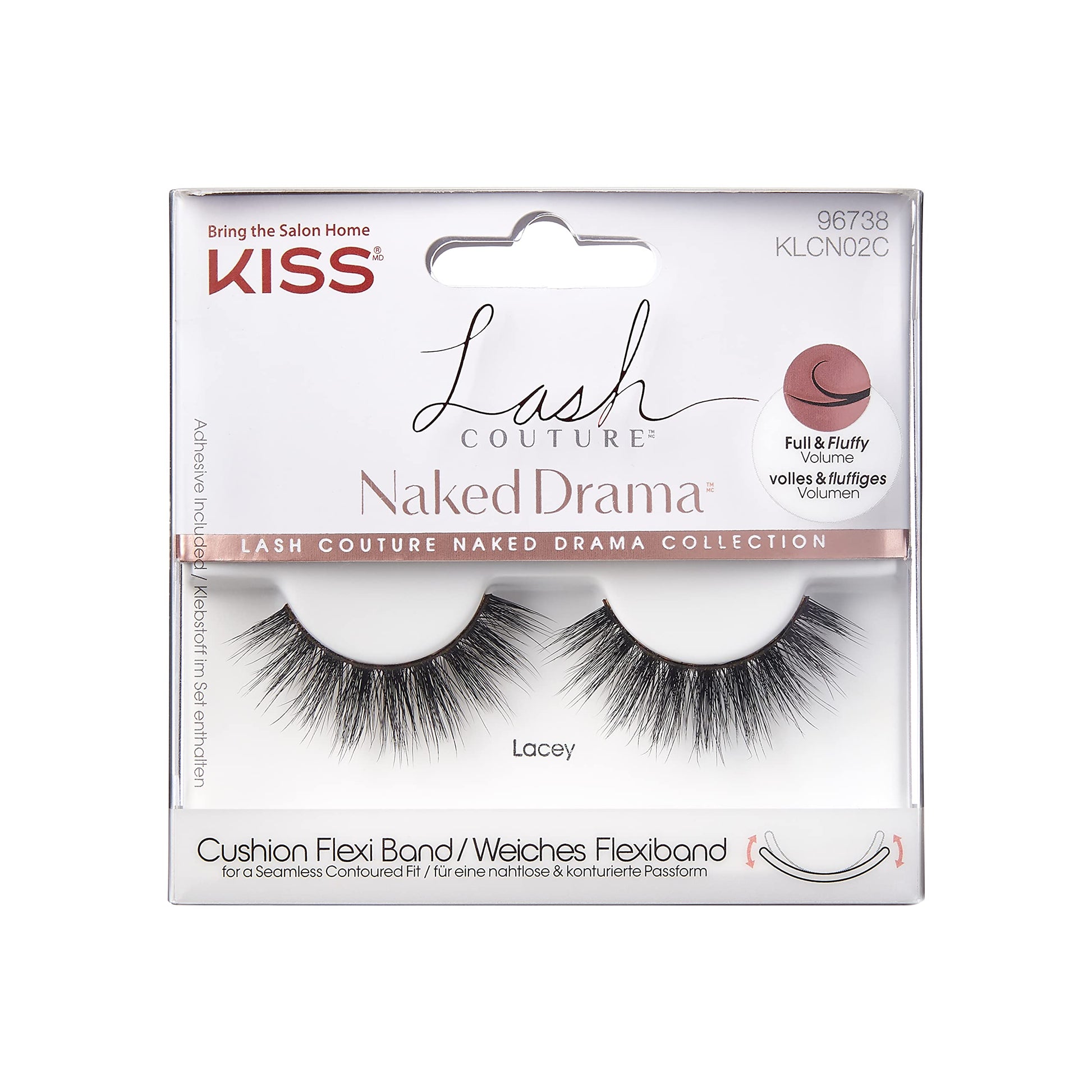 KISS Lash Couture Naked Drama Collection, Full & Fluffy Volume 3D Faux Mink False Eyelashes, Cushion Flexi Band & Split-Tip Technology, Tapered, Reusable & Contact Lens Friendly, Style 'Lacey', 1 Pair