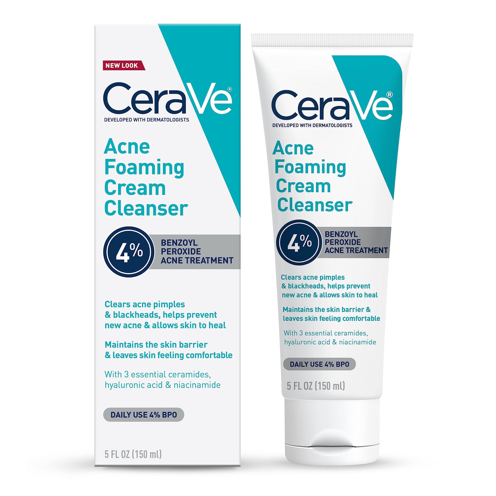 CeraVe Acne Foaming Cream Cleanser | Acne Treatment Face Wash with 4% Benzoyl Peroxide, Hyaluronic Acid, and Niacinamide | Cream to Foam Formula | 5 Oz