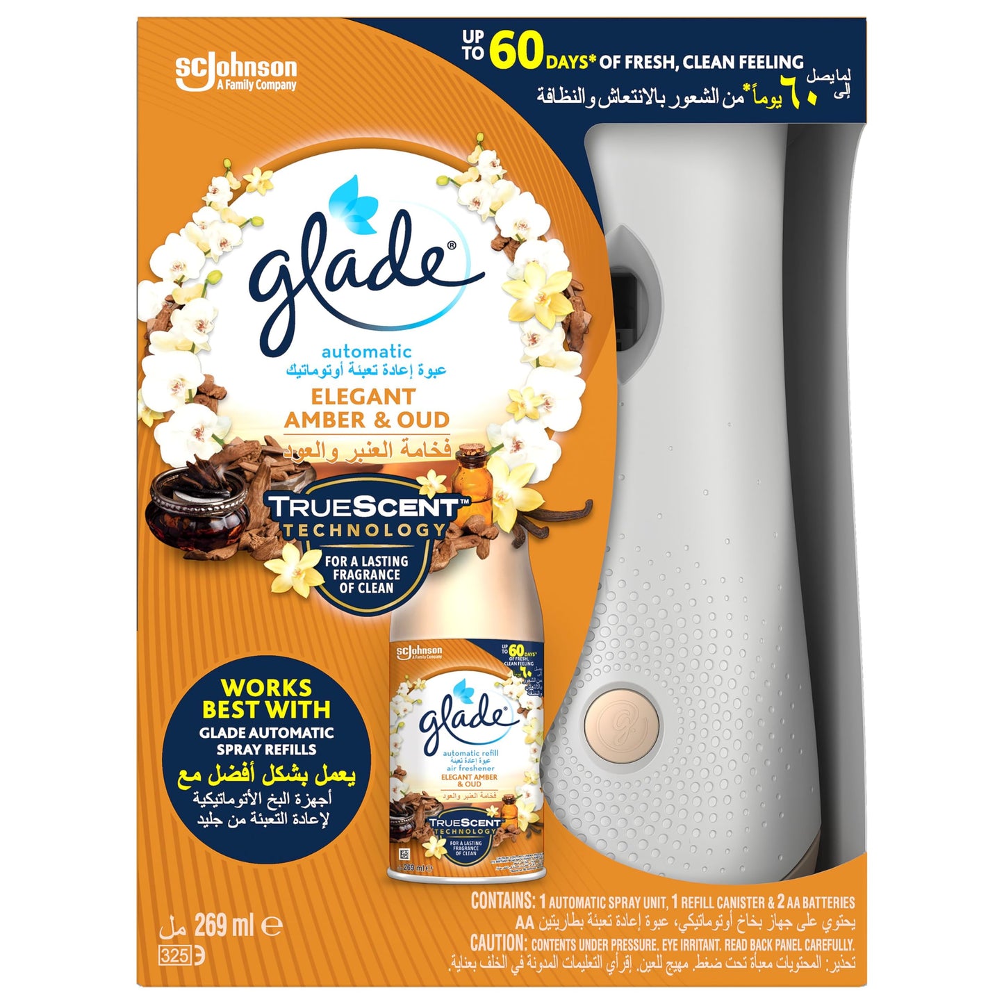 Glade Automatic Spray Holder and Elegant Amber & Oud Refill Starter Kit, 269ml Refill