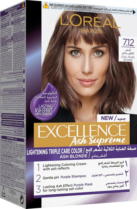 L'Oréal Paris Excellence Hair Dye with Purple Shampoo and Hair Mask - 7.12 Cool Pearl Blonde