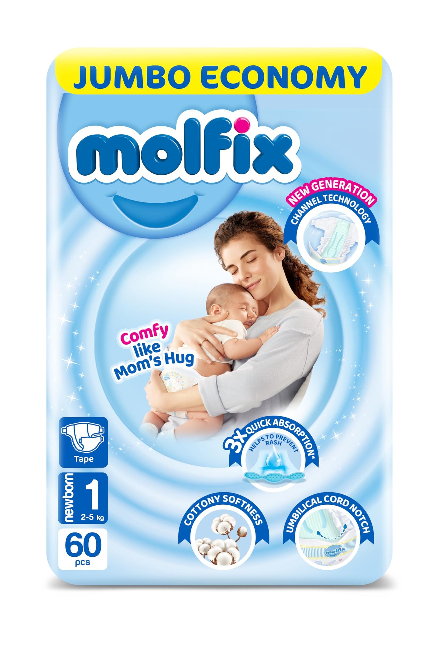 Molfix Baby Diaper Open Size 1, Jumbo Pack, 2-5 KG, 60 Units, Molfix Open Diapers, Size 1, 2-5KG, Jumbo Pack, 60 Count, Cotton Material