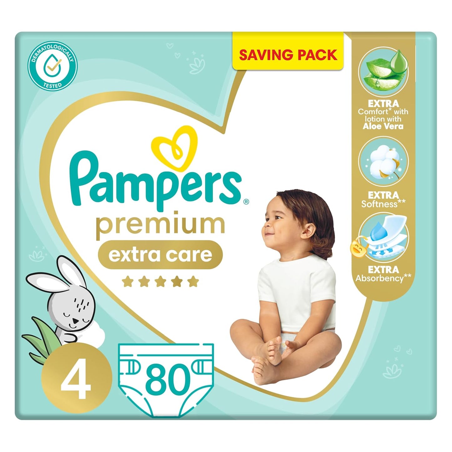 Pampers Premium EXTRA CARE Taped Diapers, Size 4, 9-18 kg, with Lotion with Aloe Vera, Saving Pack, 80 Baby Diapers