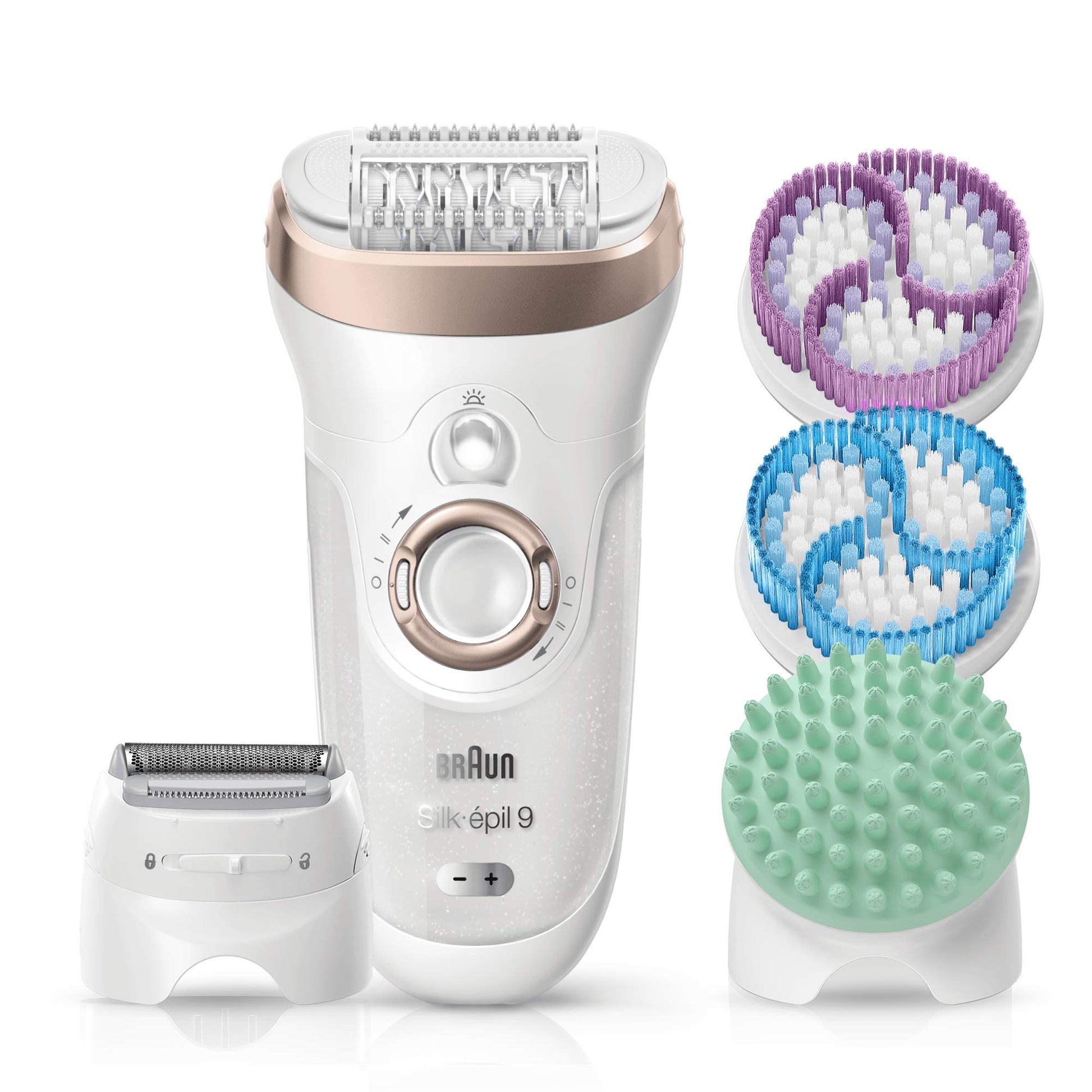 Braun 4 In 1 Wet & Dry Silk-épil 9-961V, 2 Pin Bathroom Plug Hair Removal Epilator with 12 Extras & Attachments (White, Rose Gold) - International Warranty