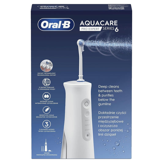 Oral-B AquaCare Pro-Expert Series 6 Irrigator with Oxyjet Technology, 3 Tips, 2 Types of Water Streams, White