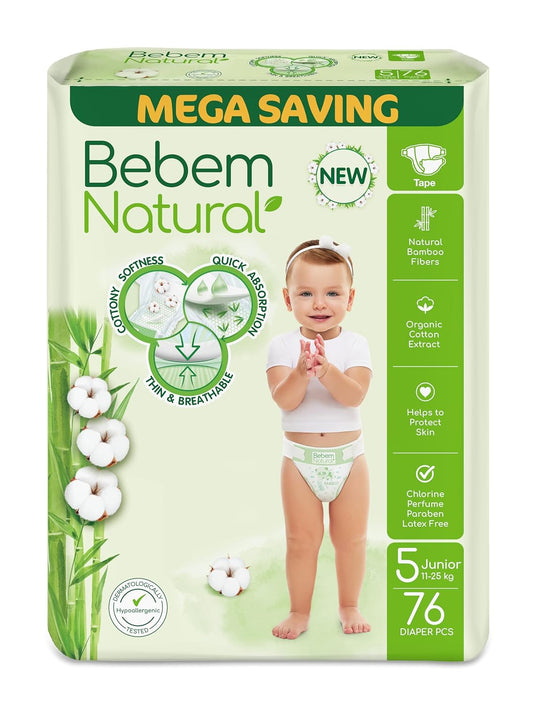 Bebem Natural - Baby Diapers - Mega Pack - Junior Size 5 - 76 Pieces