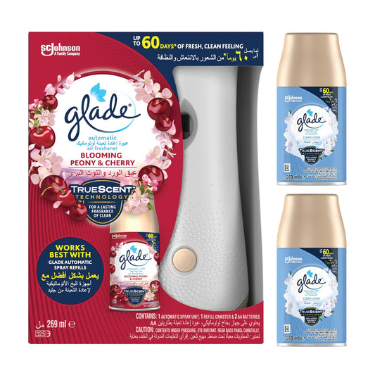 Glade 1 Automatic Spray Unit with Blooming & Cherry Air freshener Refill Canister - 269 ml + 2 Automatic Spray Refill - Clean Linen, 269 Ml @10% Discount