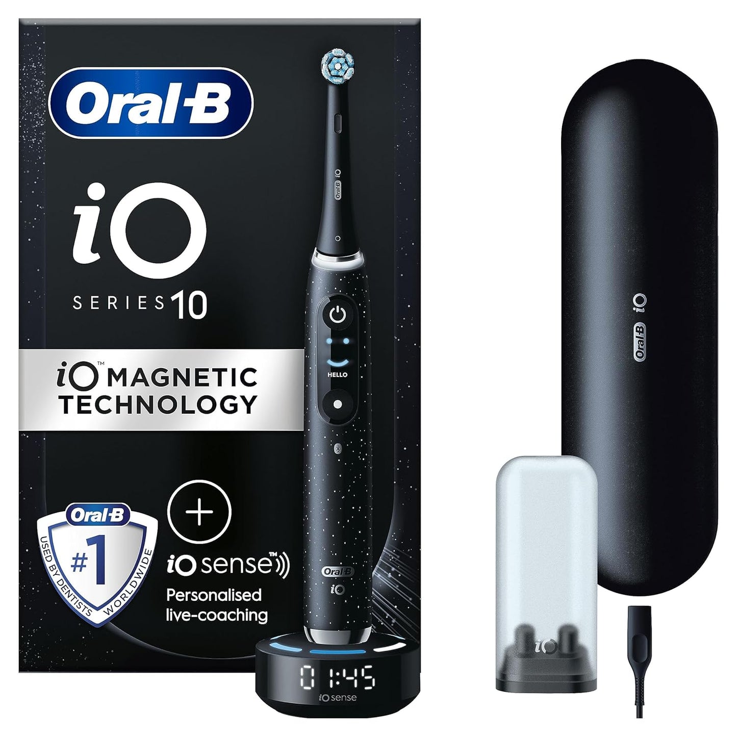 Oral-B iO10 Electric Toothbrushes For Adults, Christmas Gifts For Women/Him, 1 Handle, 1 Ultimate Clean Toothbrush Head & Charging Travel Case, 7 Modes, 2 Pin UK Plug, Cosmic Black