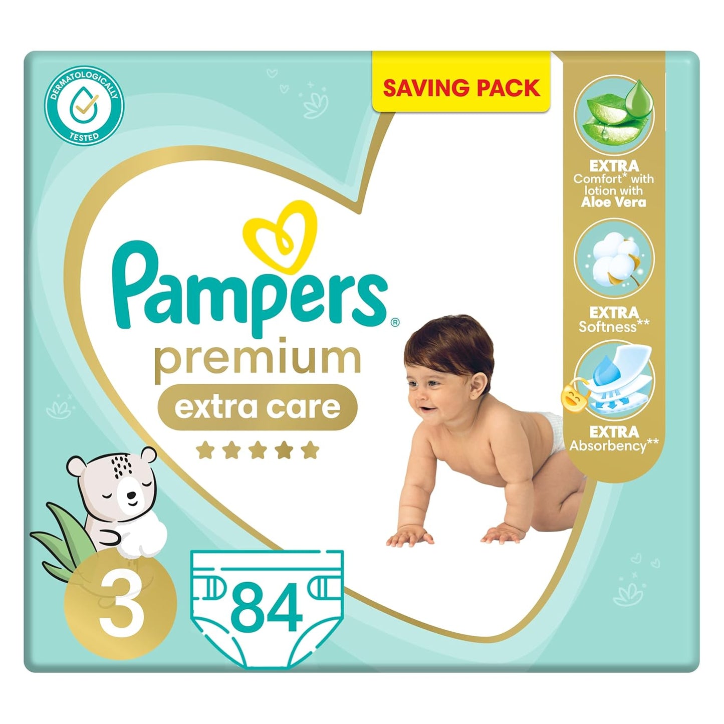 Pampers Premium EXTRA CARE Taped Diapers, Size 3, 6-10 kg, with Lotion with Aloe Vera, Saving Pack, 84 Baby Diapers