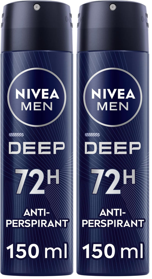 NIVEA MEN Antiperspirant Spray for Men, DEEP Black Carbon Antibacterial, 150ml (Pack of 2)
