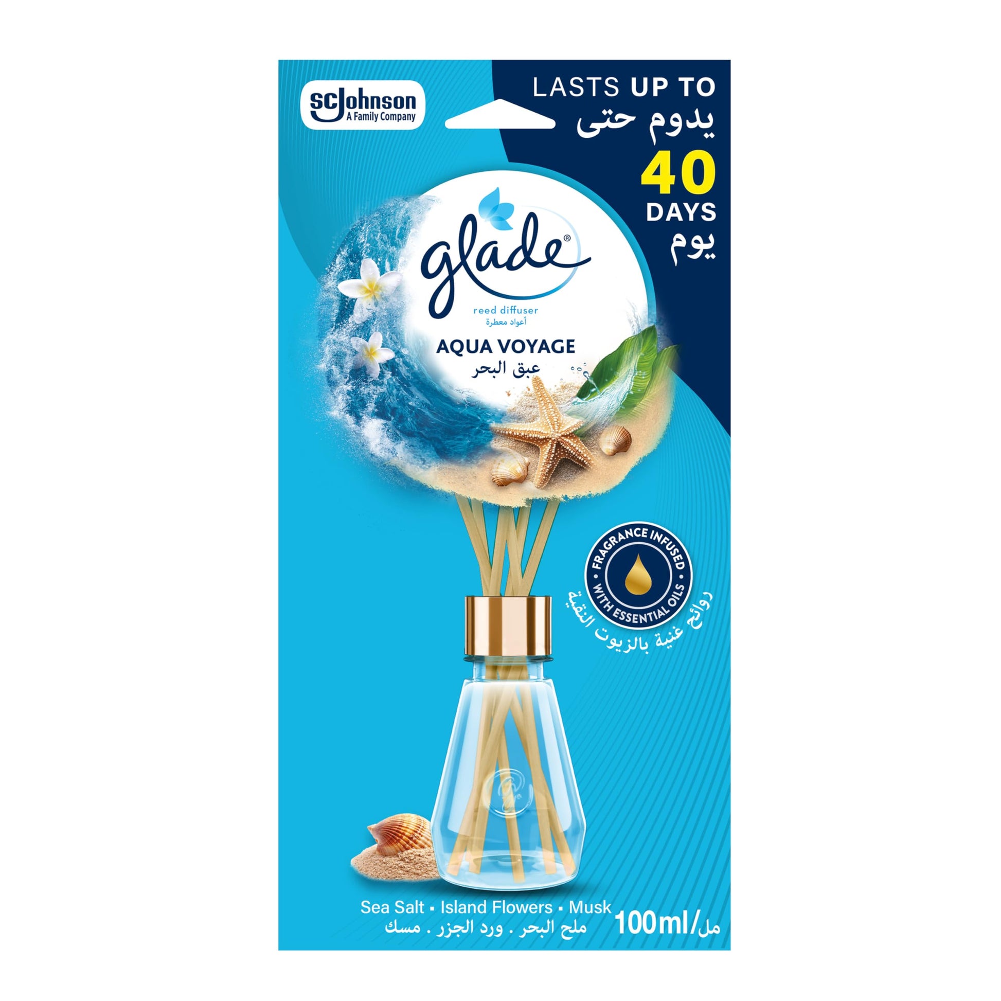 Glade Aqua Reed Diffuser, Sea Salt & Island Flowers, 100Ml, Lasts For Up To 40 Days