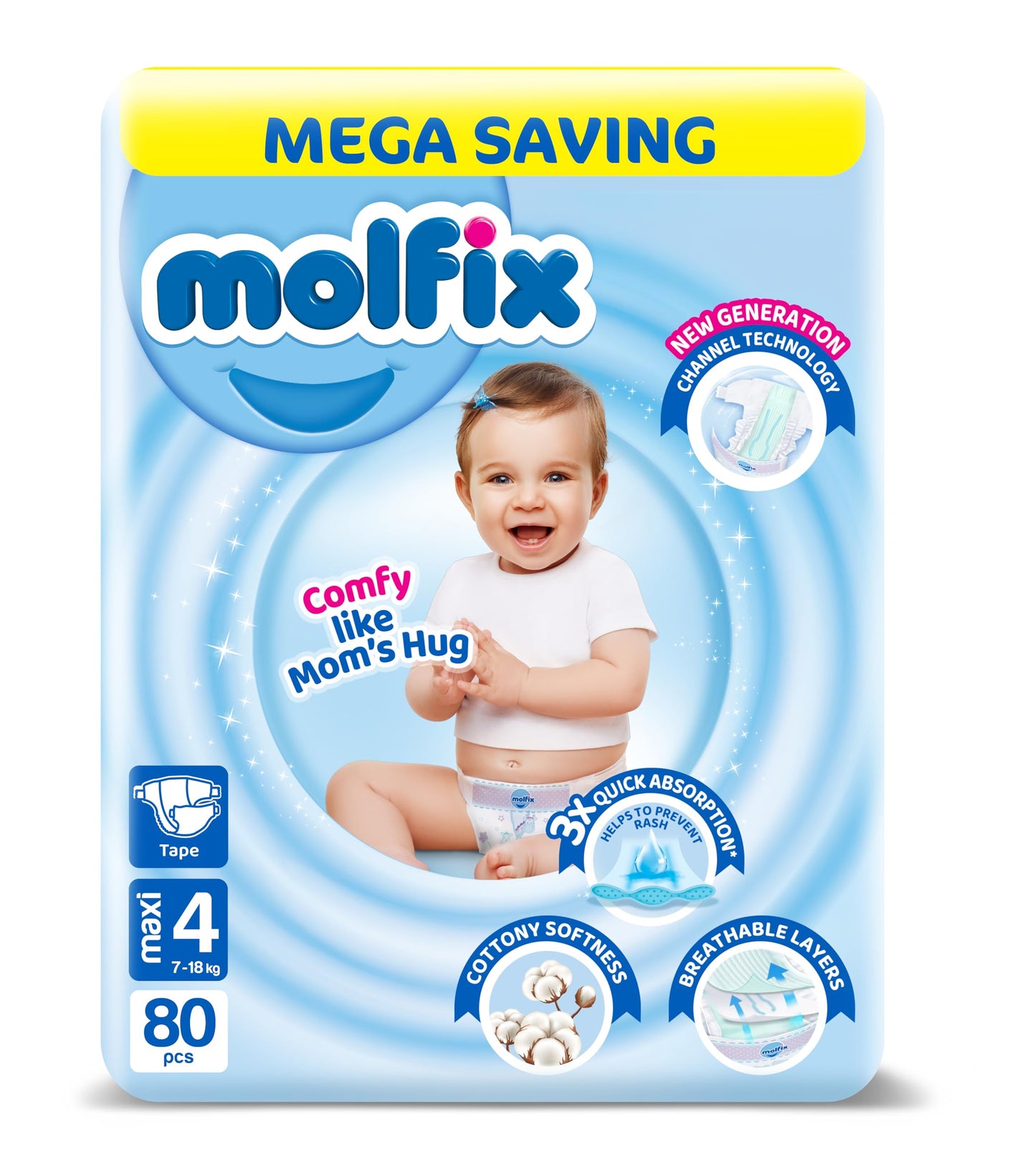 Molfix Baby Diaper Open Size 4, Mega Pack, 7-18 KG, 80 Units, Molfix Open Diapers, Size 4, 7-18KG, Mega Pack, 80 Count, Cotton Material