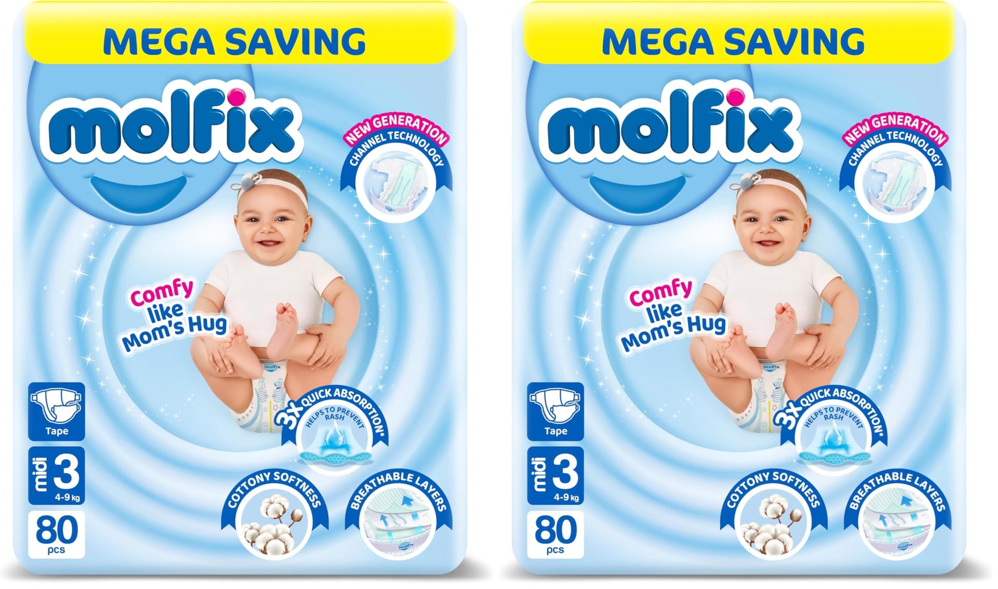 Molfix Baby Diapers - Mega Pack - Midi Size 3-80 Pieces (Pack of 2)
