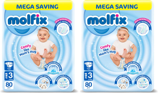 Molfix Baby Diapers - Mega Pack - Midi Size 3-80 Pieces (Pack of 2)