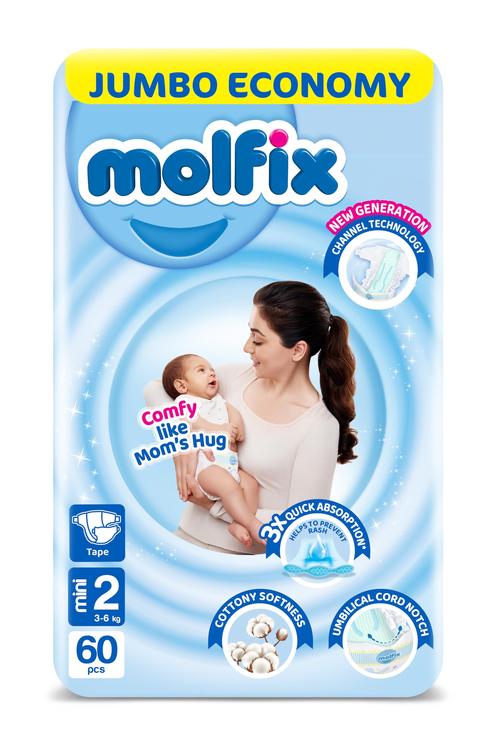 Molfix Baby Diaper Open Size 2, Jumbo Pack, 3-6 KG, 60 Units, Molfix Open Diapers, Size 2, 3-6KG, Jumbo Pack, 60 Count, Cotton Material