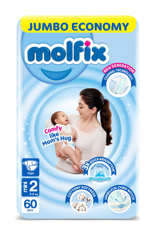 Molfix Baby Diaper Open Size 2, Jumbo Pack, 3-6 KG, 60 Units, Molfix Open Diapers, Size 2, 3-6KG, Jumbo Pack, 60 Count, Cotton Material
