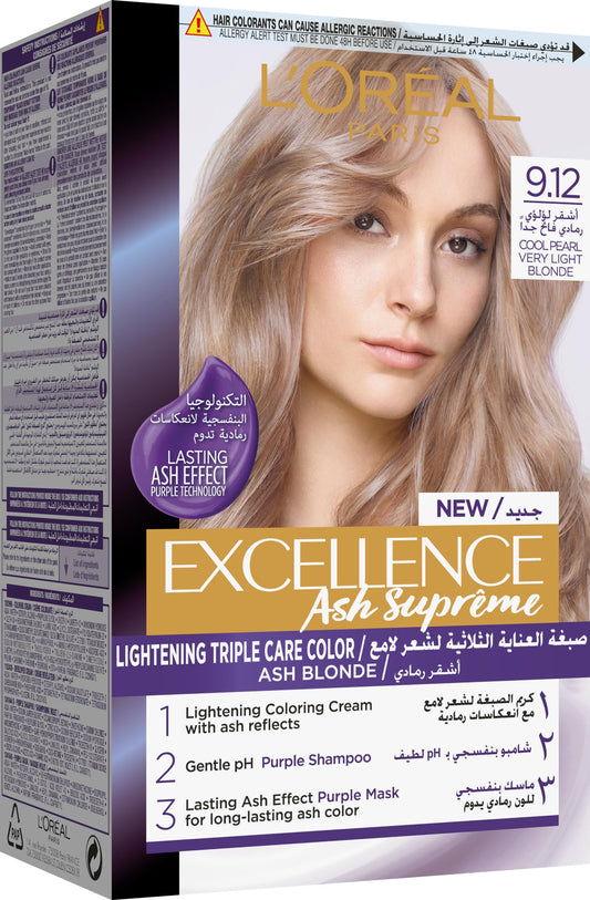 L'Oréal Paris excellence hair dye with purple shampoo and hair mask - 9.12 cool pearl very light blonde