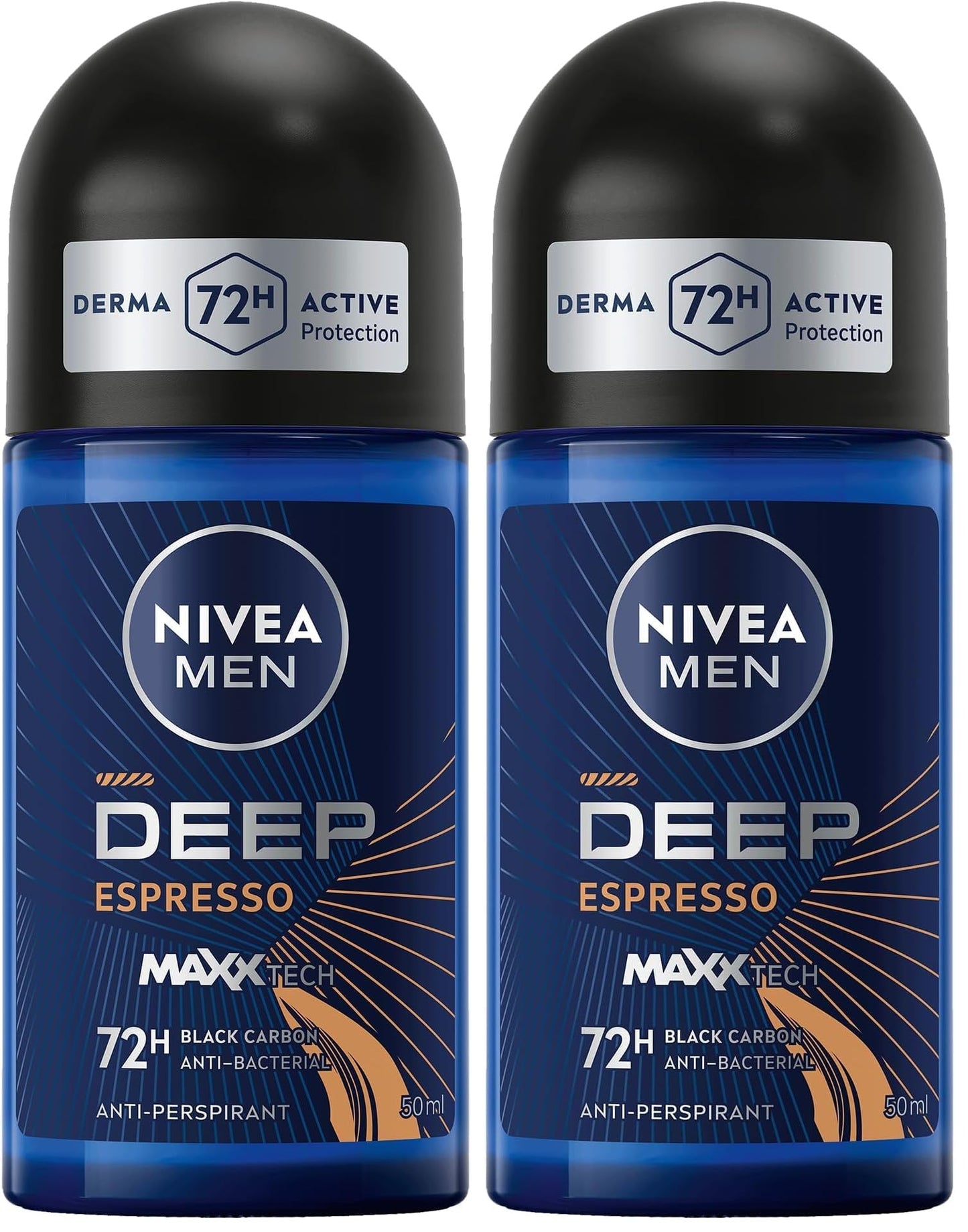 NIVEA MEN DEEP Black Carbon Espresso, Antiperspirant for Men, Antibacterial, Roll-on 50ml (Pack of 2)