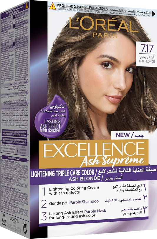 L’Oréal Paris Excellence Ash Supreme Anti-Brass Permanent Hair Colour, 7.17 Ash Blonde, 250 ml