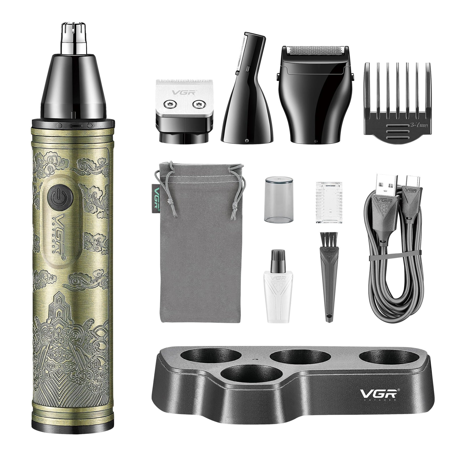 VGR 3-in-1 Nose and Ear Hair Trimmer for Men - Eyebrow Body Razor and Beard Trimming Attachment - Cordless Rechargeable 120 mins Battery - Painless Nostril Nasal Remover