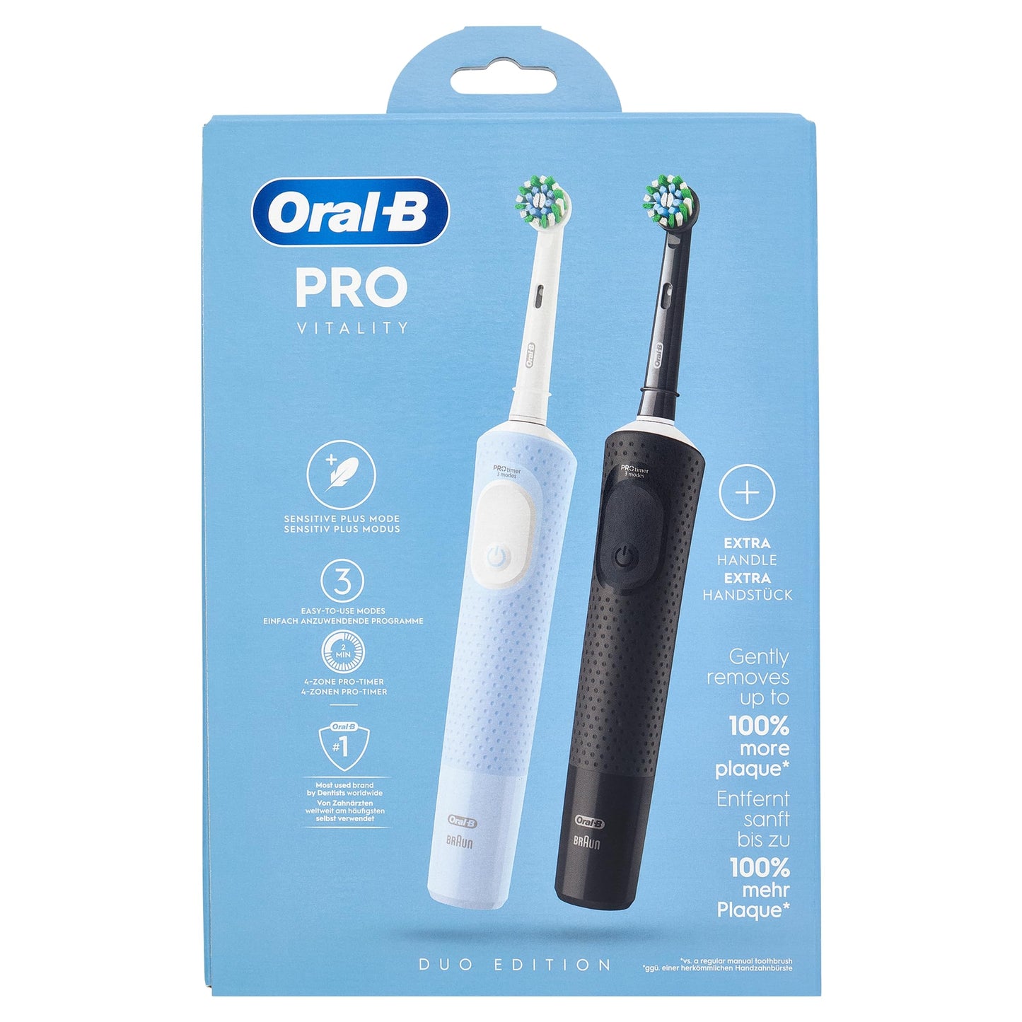 Oral-B Vitality Pro Electric Toothbrush/Electric Toothbrush, Double Pack, 3 Cleaning Modes for Dental Care, Designed by Brown, Blue/Black