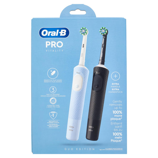 Oral-B Vitality Pro Electric Toothbrush/Electric Toothbrush, Double Pack, 3 Cleaning Modes for Dental Care, Designed by Brown, Blue/Black