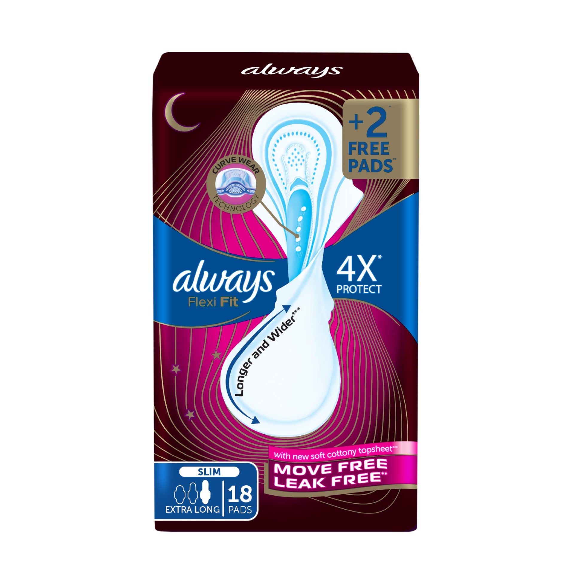 Always Flexi Fit Pads, Extra Long, Slim, 18 Pads