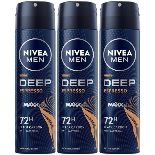 NIVEA MEN Antiperspirant Spray for Men, Antibacterial DEEP Black Carbon Espresso, 3x150ml