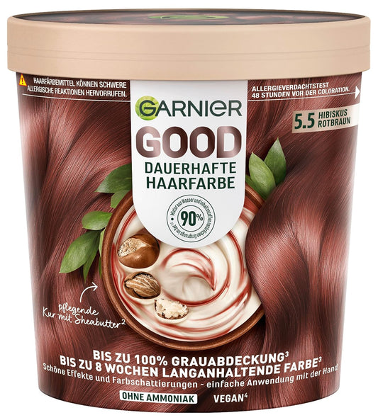 Garnier Good Permanent Hair Colour 5.5 Hibiscus Red Brown - Colouration without Ammonia, Up to 100% Grey Coverage, 1 Piece