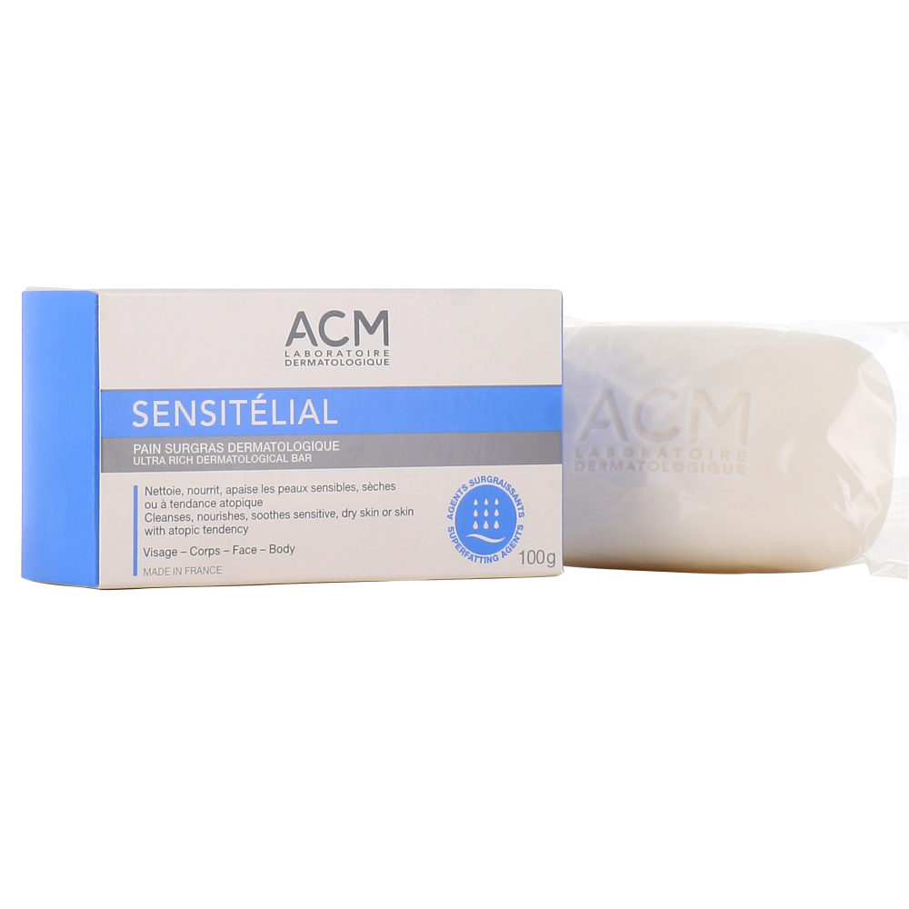 ACM Sensitélial Ultra-Rich Dermatological Bar 100g box and cleansing bar