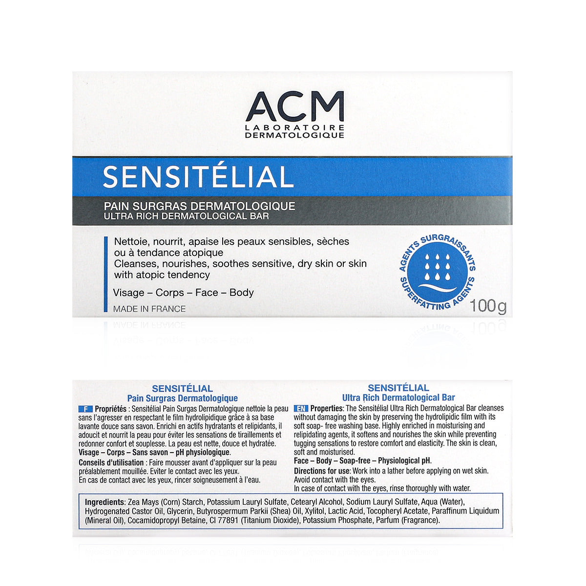 ACM Sensitélial Ultra-Rich Dermatological Bar 100g front and back packaging