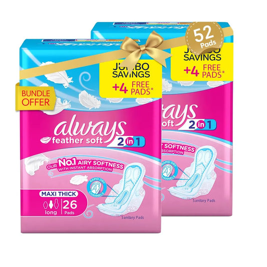 Always | 2 in 1 Feather Soft, Thick, Long Sanitary Pads with Wings Bundle Offer |52 Pads