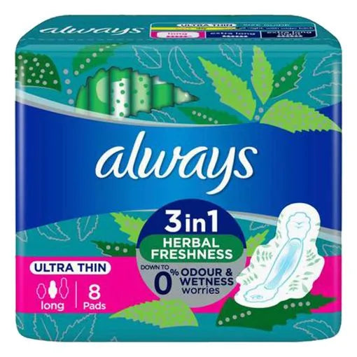 Always | 3 in 1 Herbal Freshness Pads Ultra Thin Long | 8 Pcs