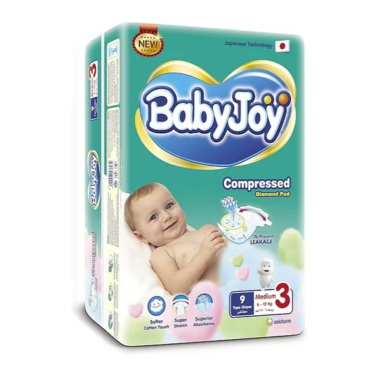 Baby Joy | Compressed Diapers Size 3 Medium 6-12kg Mini Pack | 9 Pcs