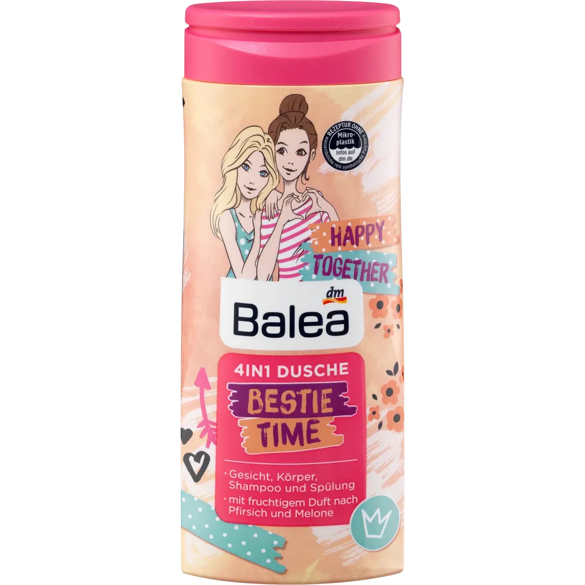 Balea | Bestie Time 4in1 Shampoo, Conditioner & Shower Gel Peach & Melon Scent for Body, Face & Hair | 300ml