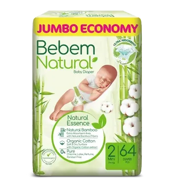 Bebem | Natural Mini Baby Diapers Jumbo Pack Size 2 | 64 Pcs