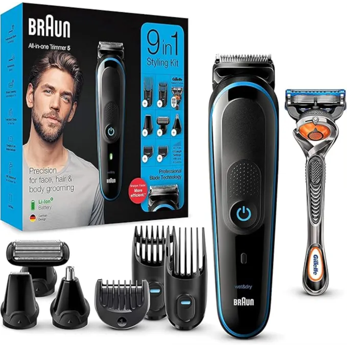 Braun | All-in-one trimmer MGK5280, 9-in-1 trimmer, 7 attachments and Gillette Fusion5 ProGlide Razor